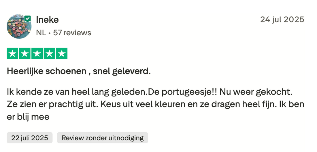 Wat een fijne website van Portugese schoenen!! Ik heb precies gekregen wat ik hebben wilde en besteld heb!!! Mooi verpakt en super snel geleverd.
